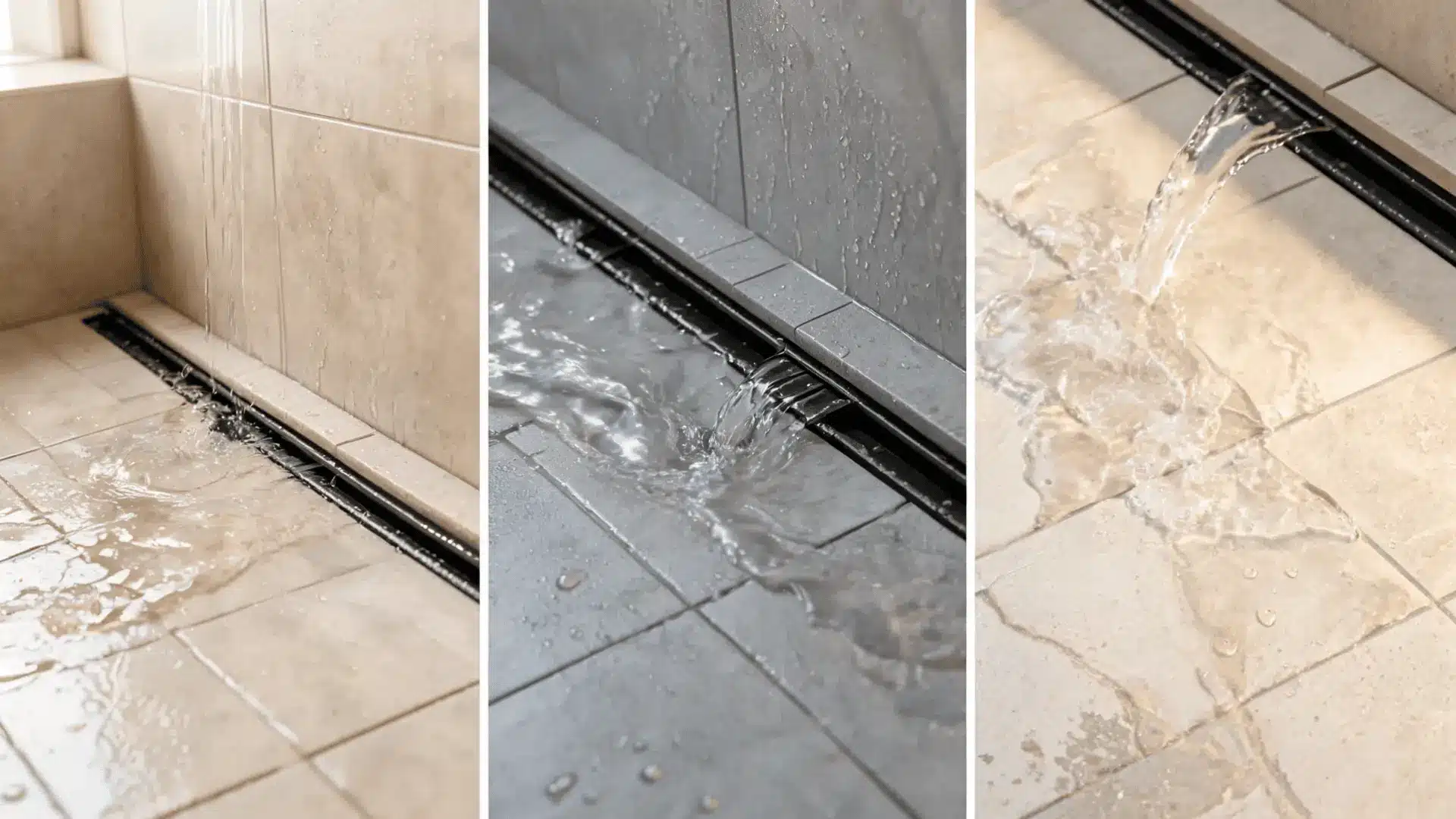 concealed shower drain opening along the wall edge of a modern tiled shower