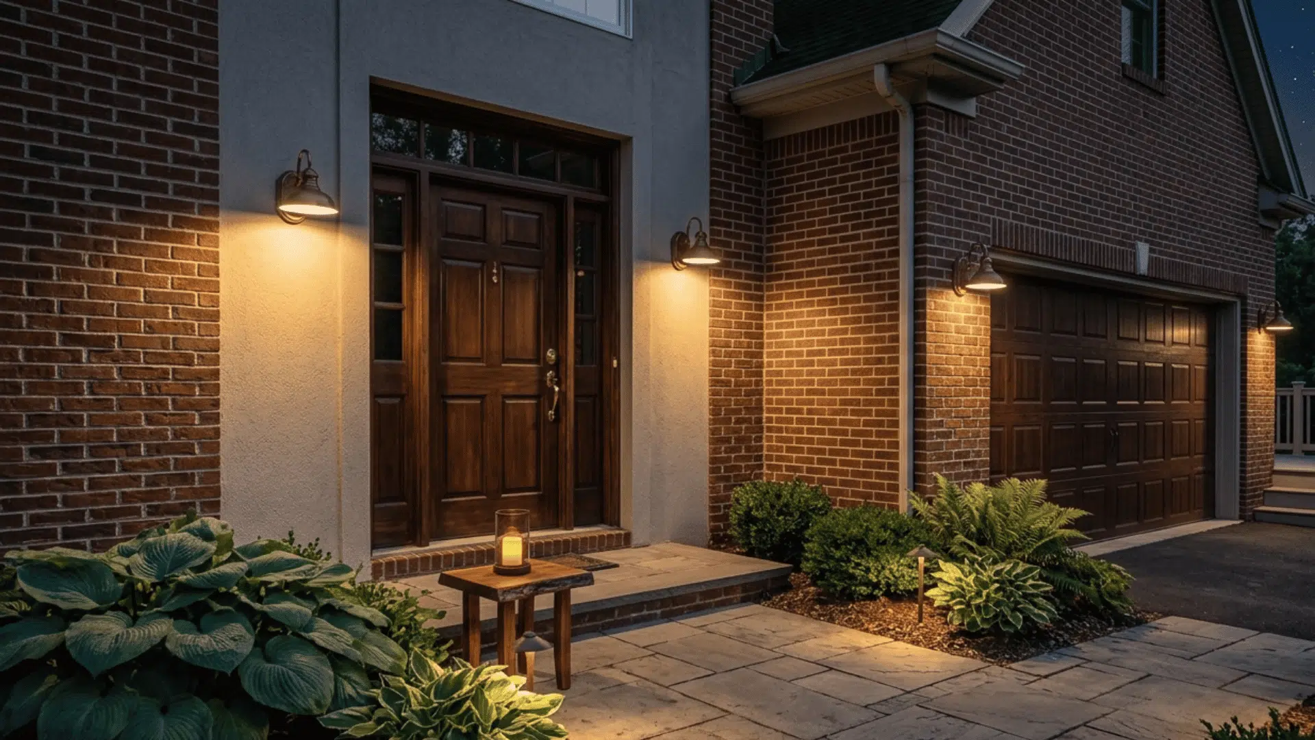 wall sconces casting warm shielded light beside a large front door and garage after sunset