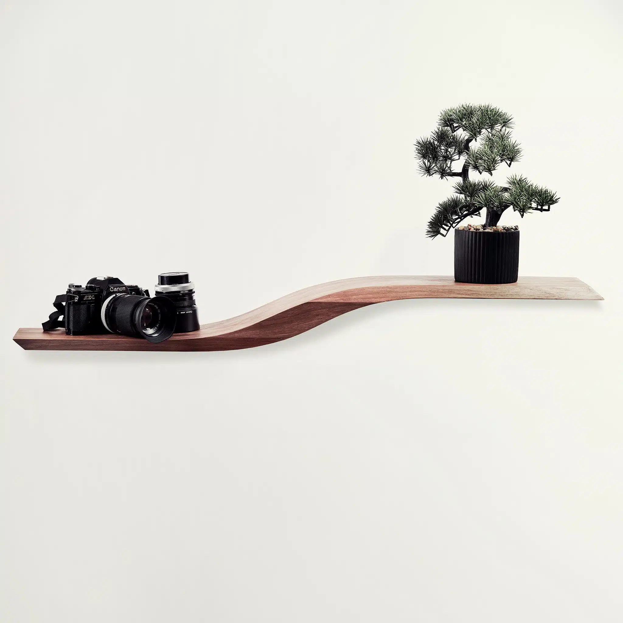 walnut floating wall shelf curved design with camera and plant on top 