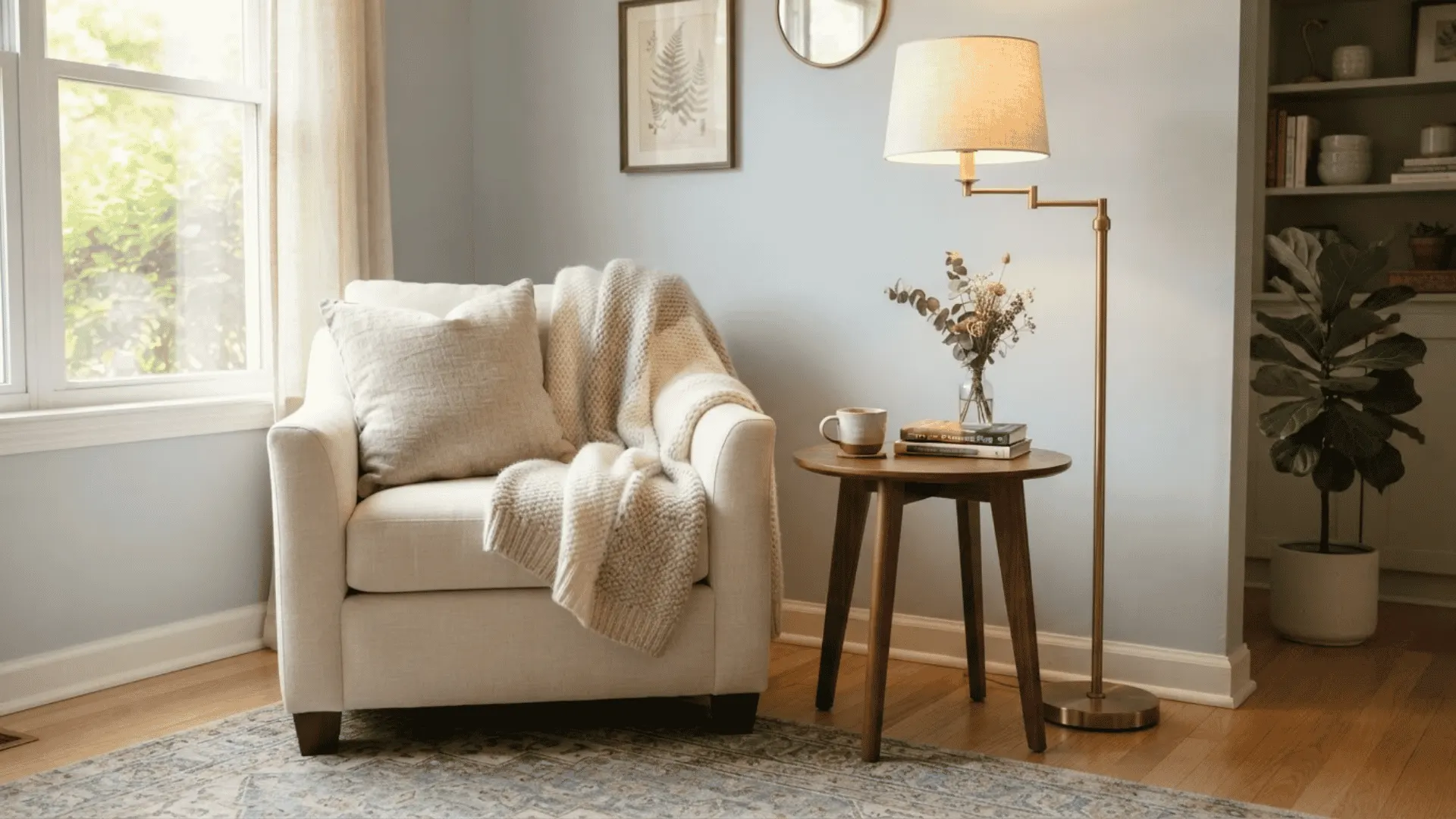 walnut furniture and brass accents warming up a pale gray room