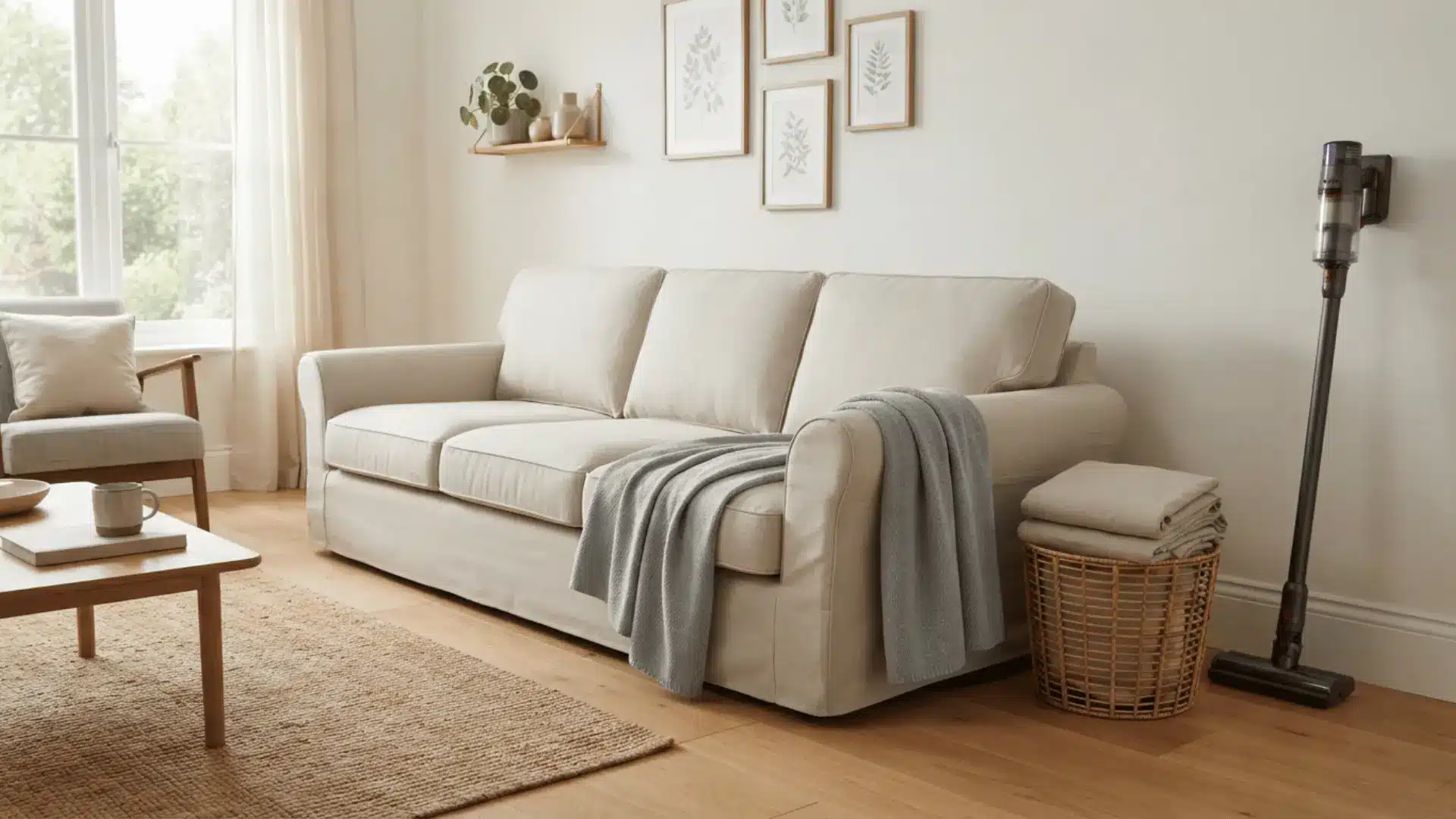 clean beige sofa with folded blankets and a cordless vacuum stands in a bright organized living room