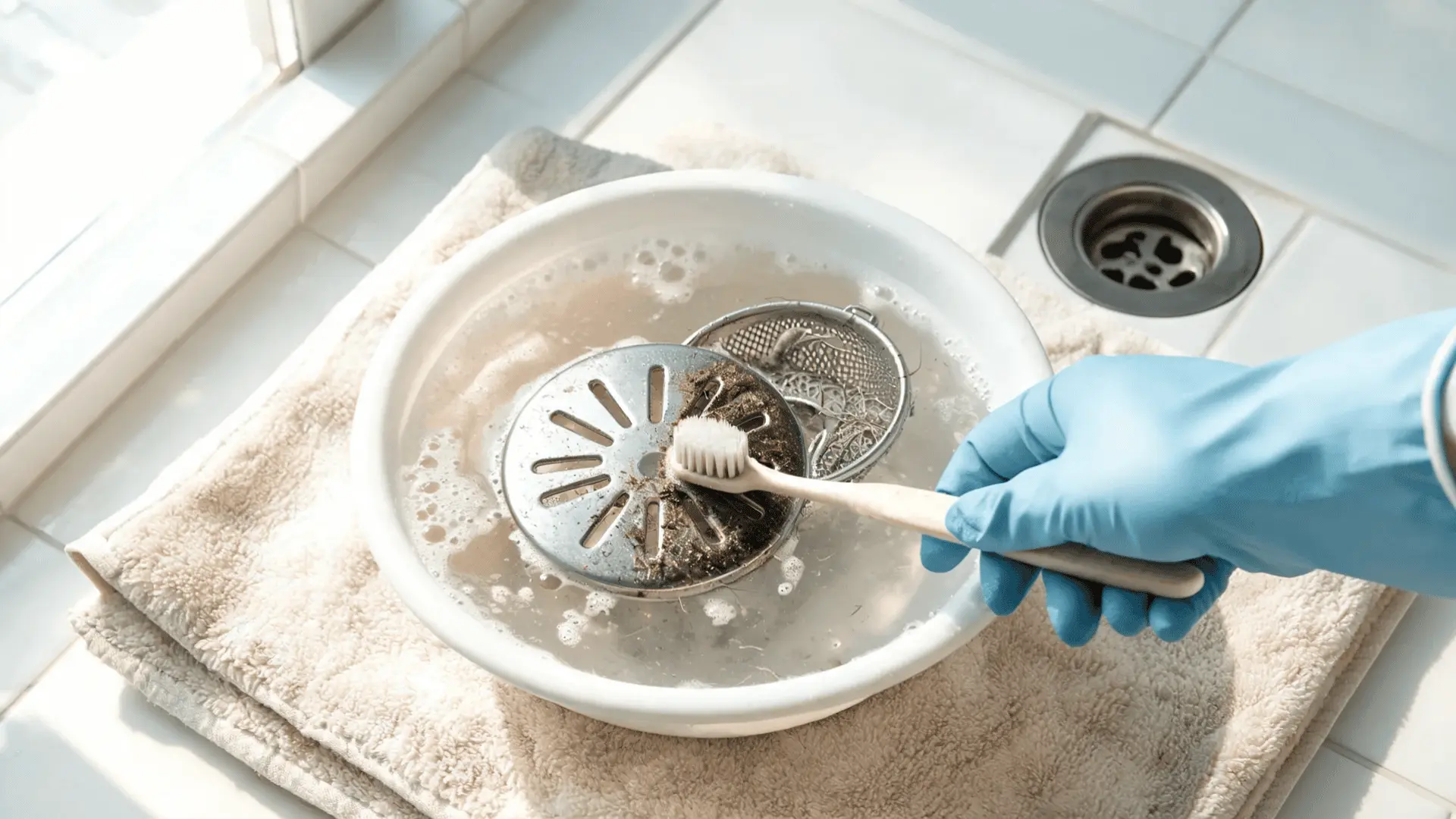 shower drain cover and hair basket being scrubbed in warm soapy water