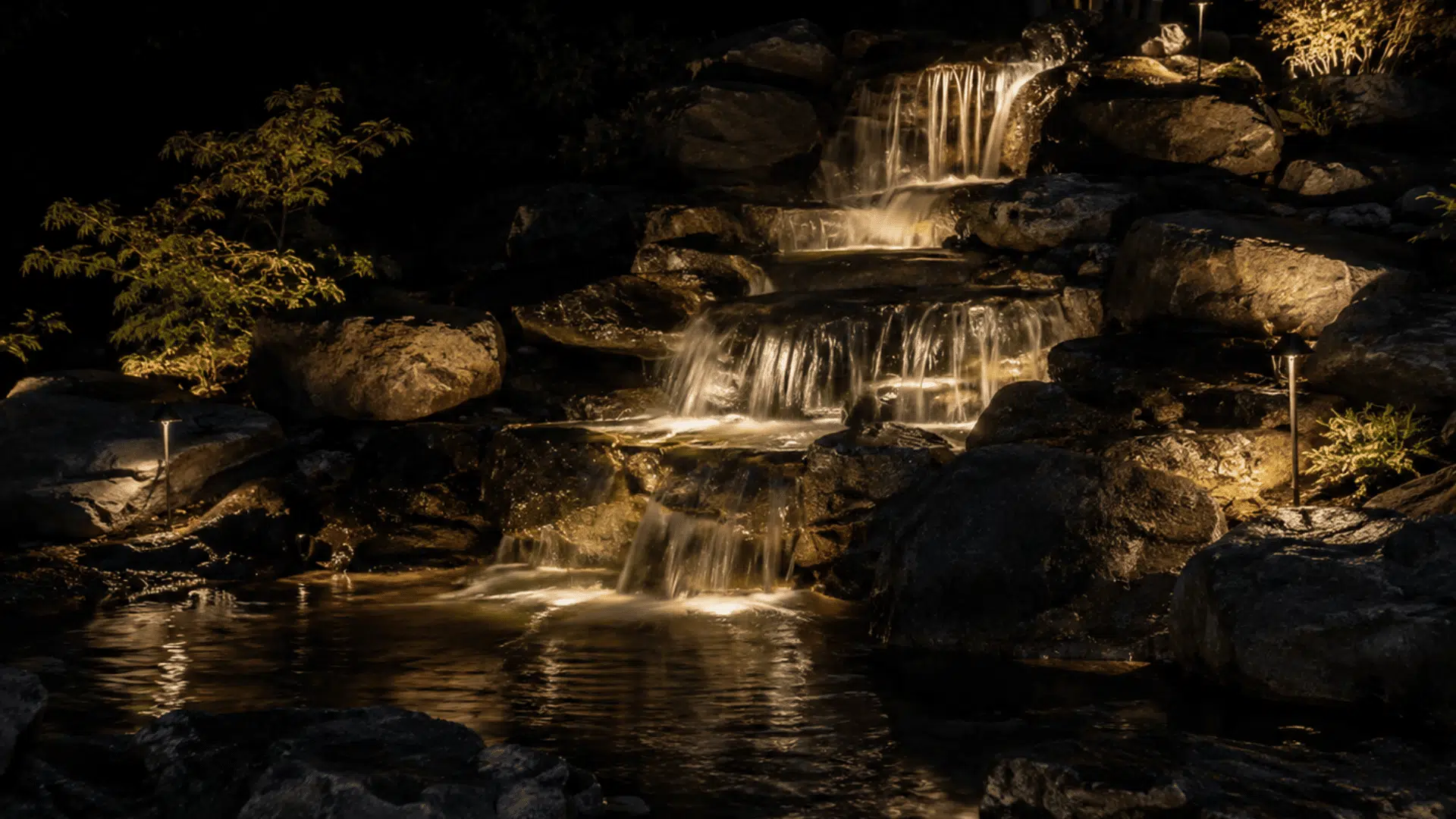 narrow waterfall lights clearly highlighting moving water between natural rocks after dark