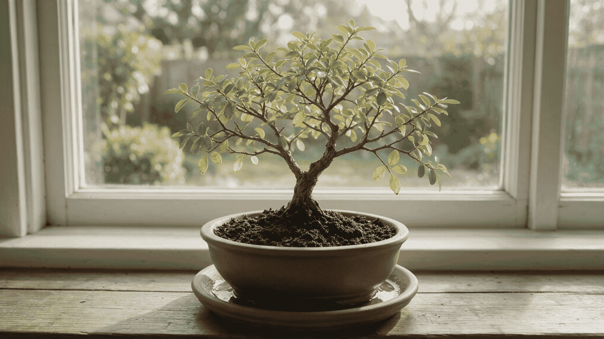 bonsai tree being watered until water drains from the bottom of the pot