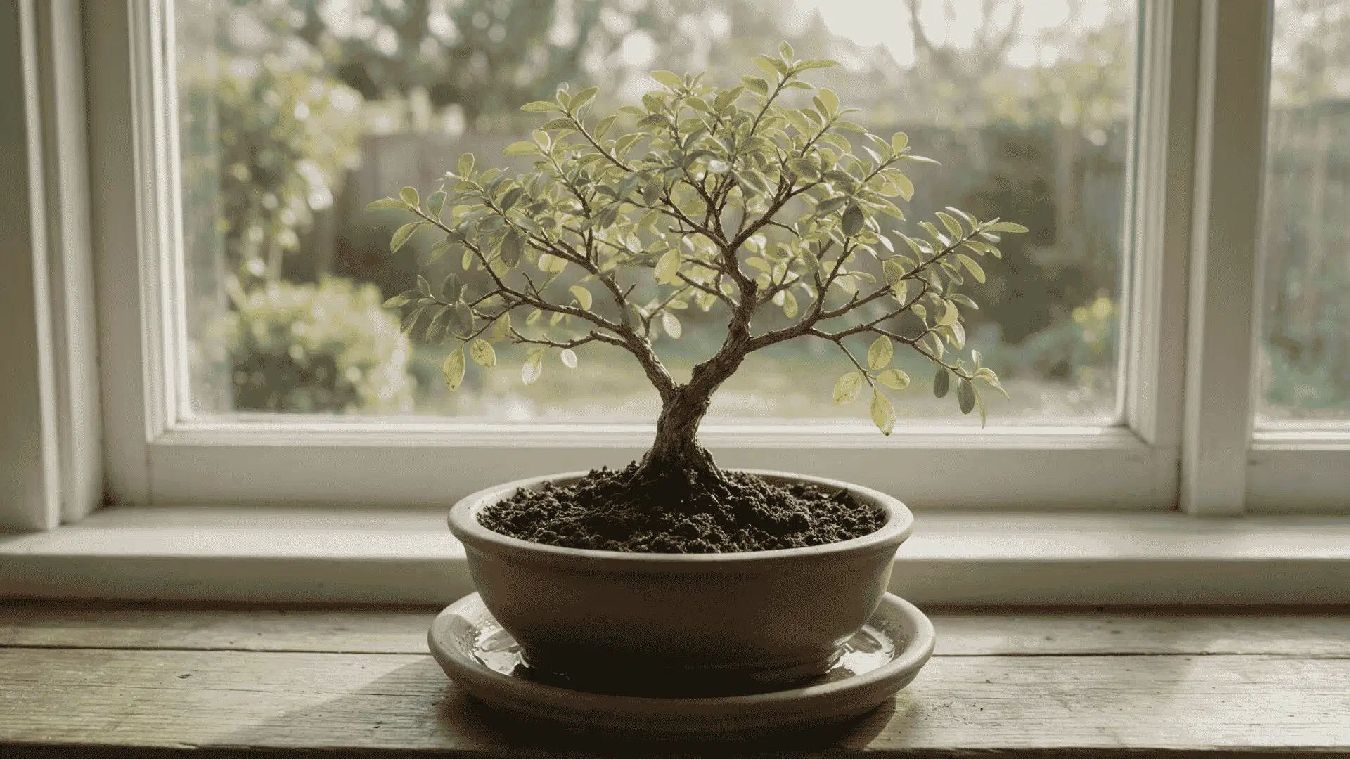 bonsai tree being watered until water drains from the bottom of the pot