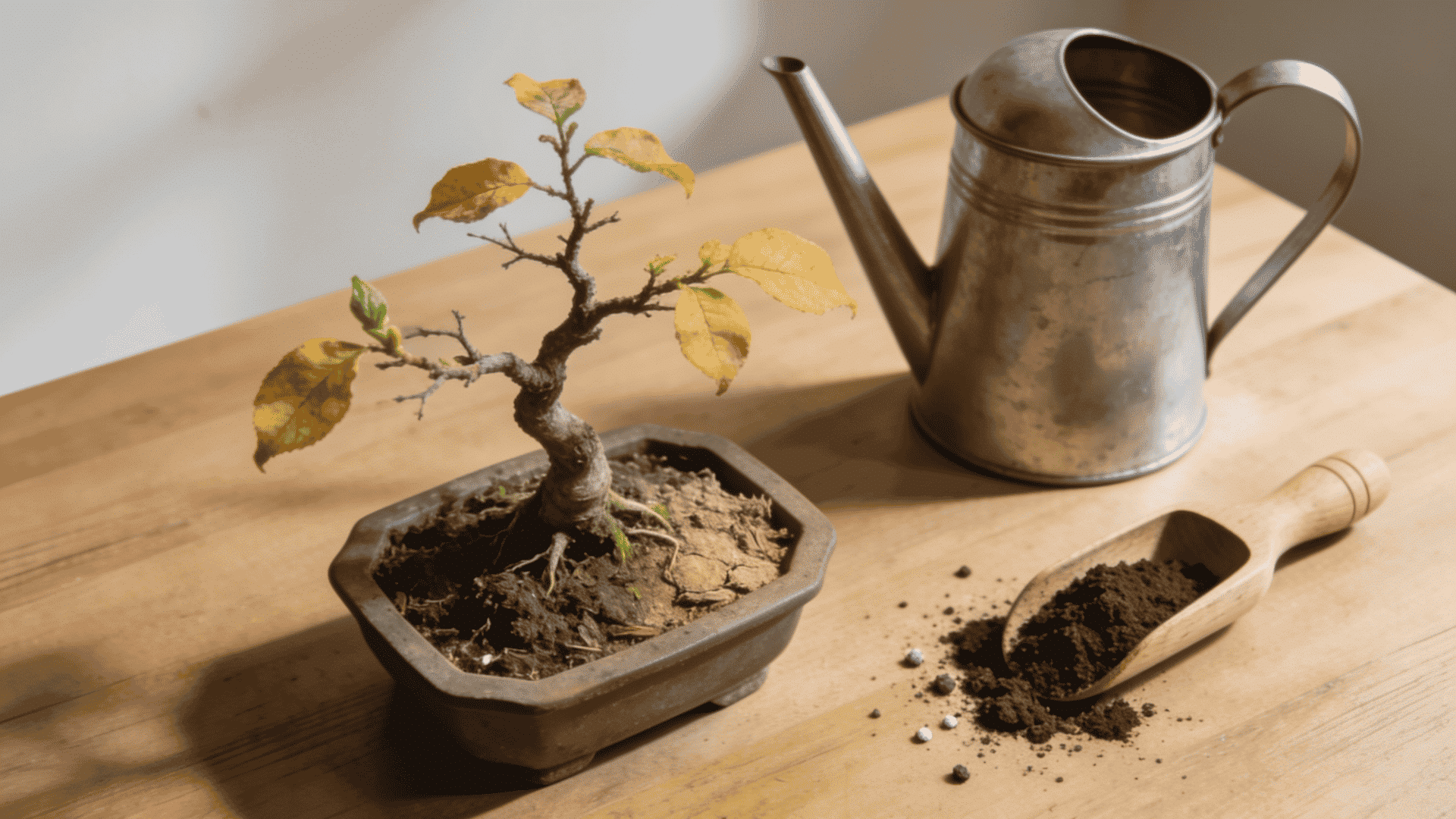 bonsai tree with yellow leaves weak growth and dry soil showing stress signs