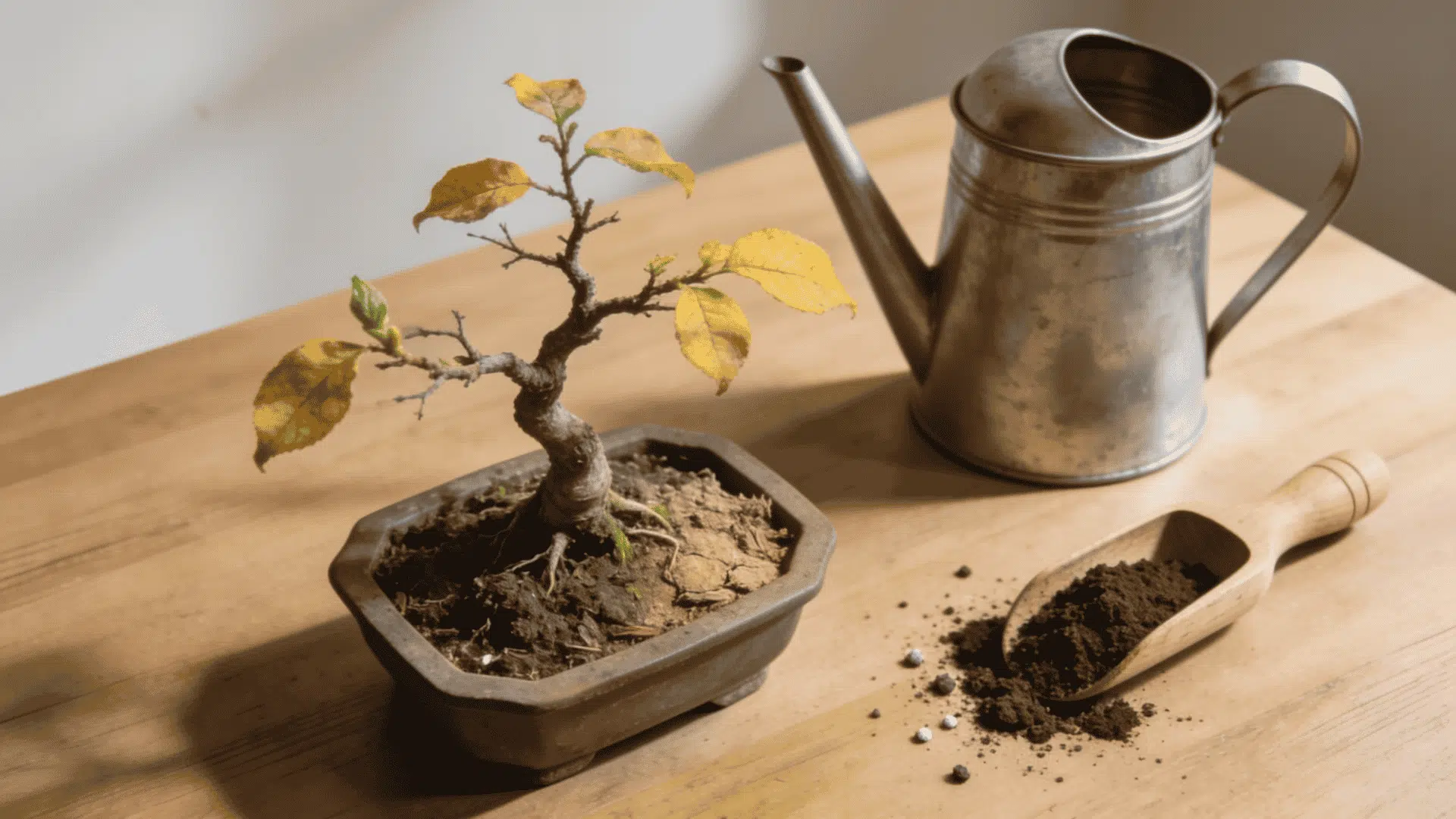 bonsai tree with yellow leaves weak growth and dry soil showing stress signs