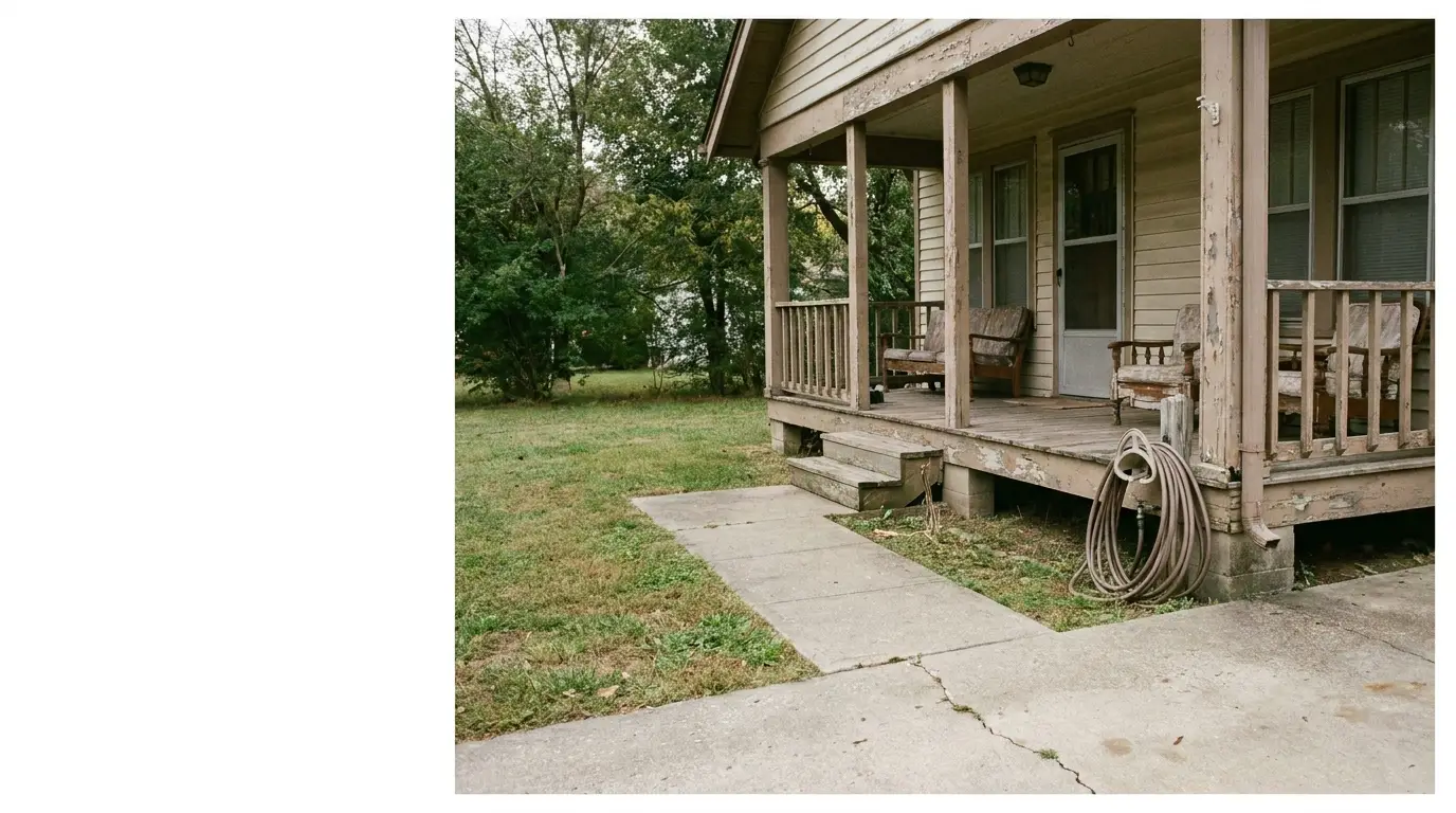 Weathered wooden porch with old chairs and coiled hose in a suburban backyard setting
