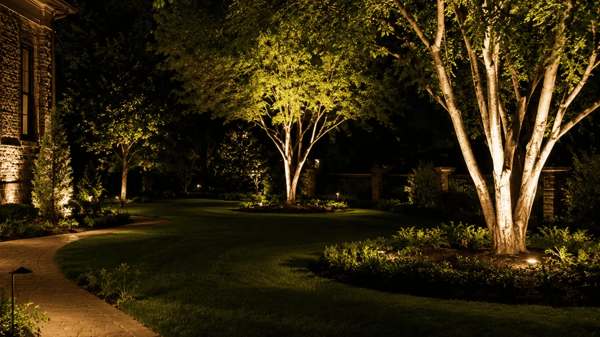 recessed well lights casting upward beams beneath several trees in a landscaped front yard