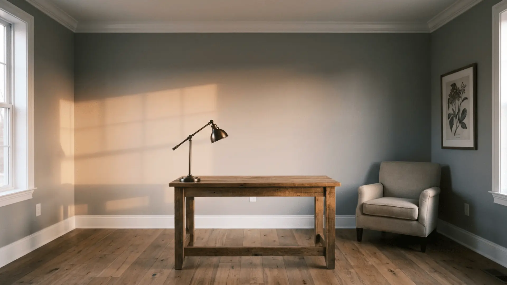 sunlit gray room with a wooden desk black task lamp upholstered chair framed art and white trim