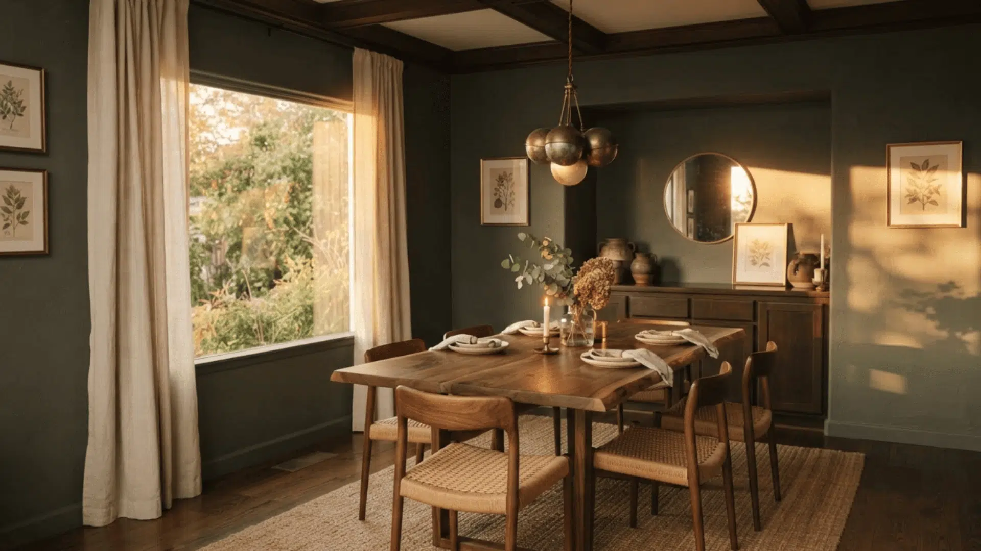 west facing dining room with green gray walls wood furniture and warm sunset light indoors