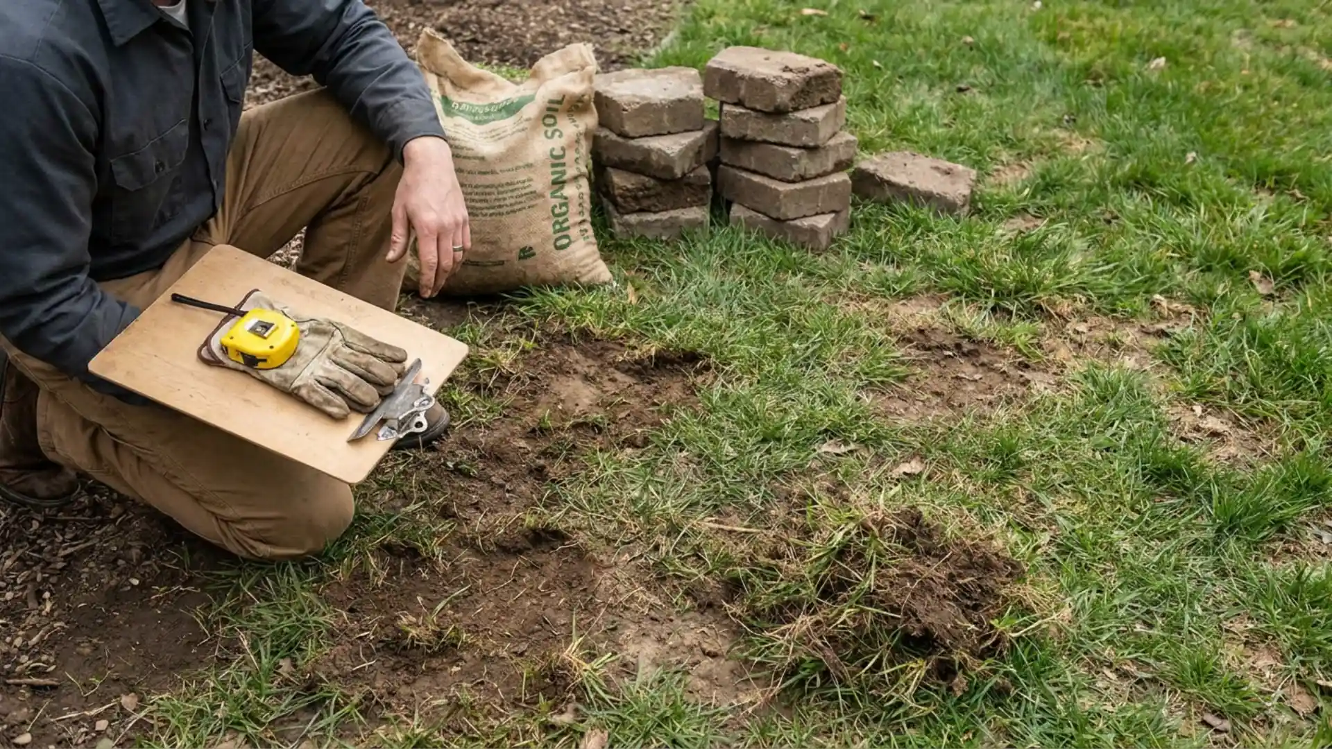 landscaper assessing yard condition and materials before starting a project