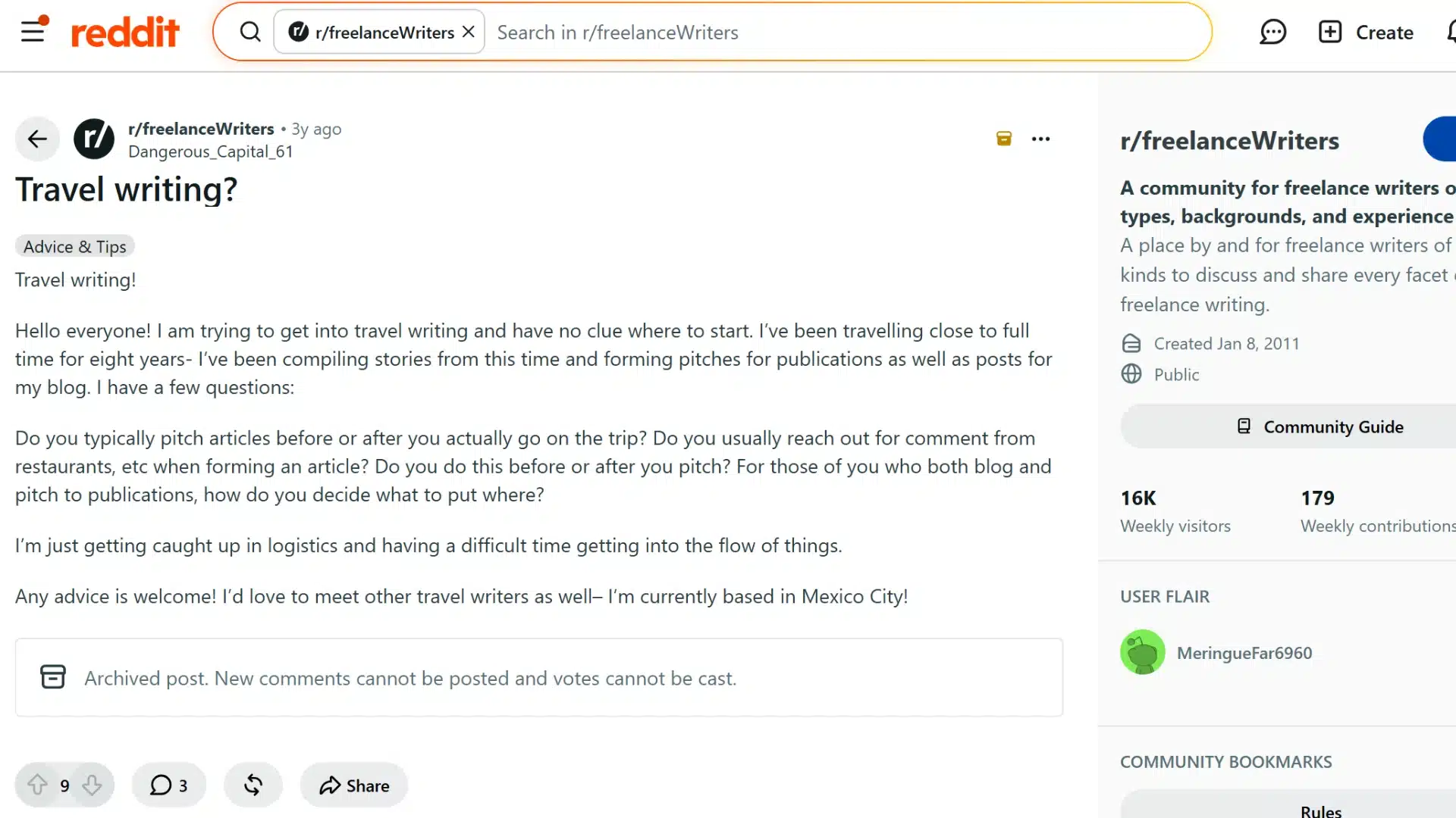 screenshot of a reddit post asking for travel writing advice on freelance writers