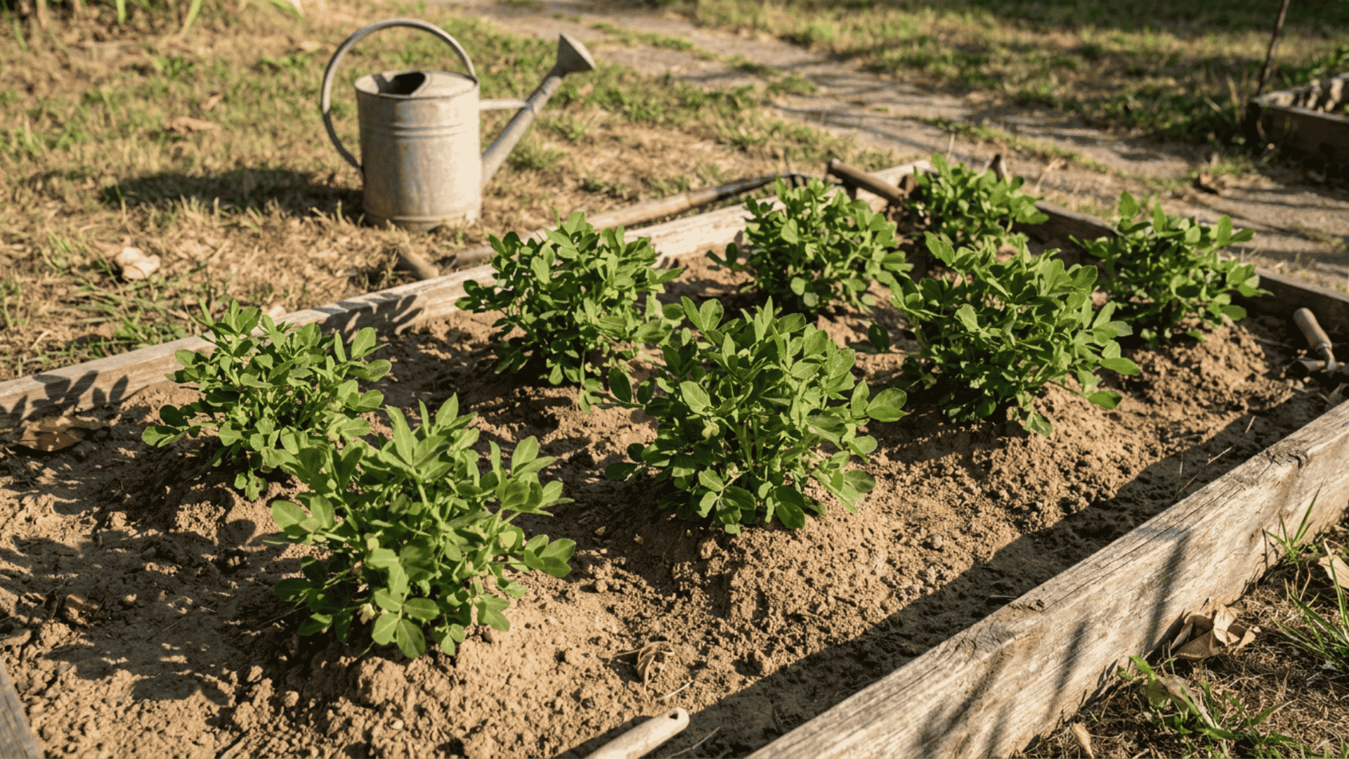 healthy peanut plants growing in loose sandy soil with full sun open spacing and steady garden care