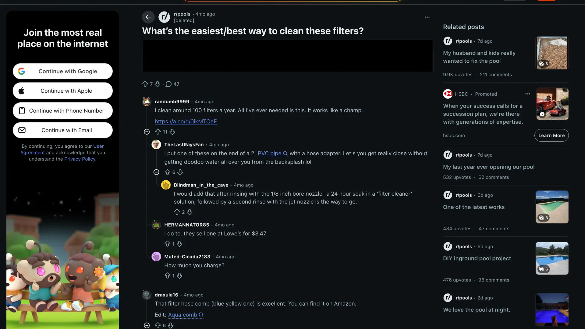 a reddit discussion page shows comments offering advice on the easiest ways to clean pool filter cartridges