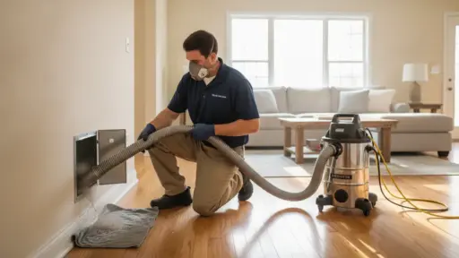 Worker in face mask cleaning air duct with vacuum in a living room setting