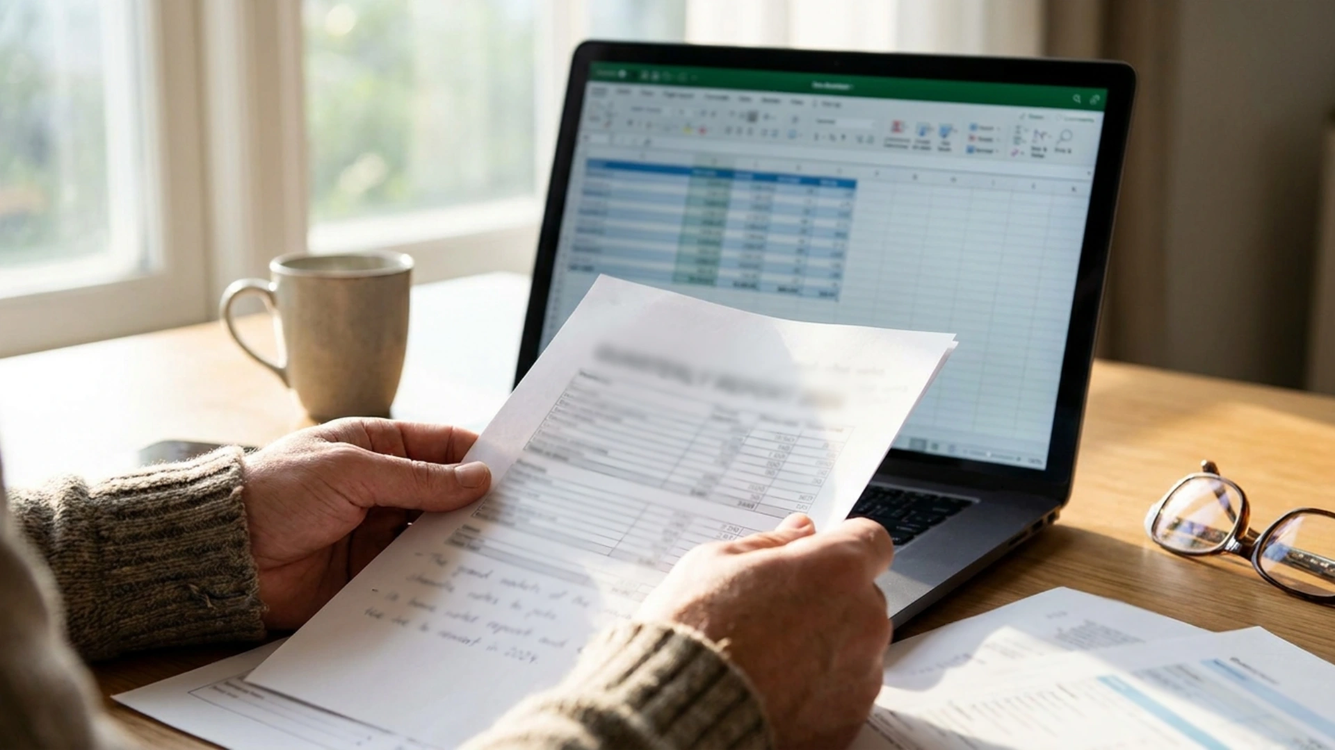 person reviewing a printed document beside a laptop with a coffee mug, eyeglasses, and additional papers on a desk