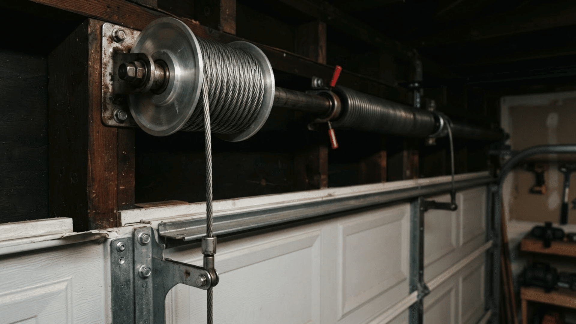 garage door cable wrapped on a metal drum beside the torsion spring and upper garage track