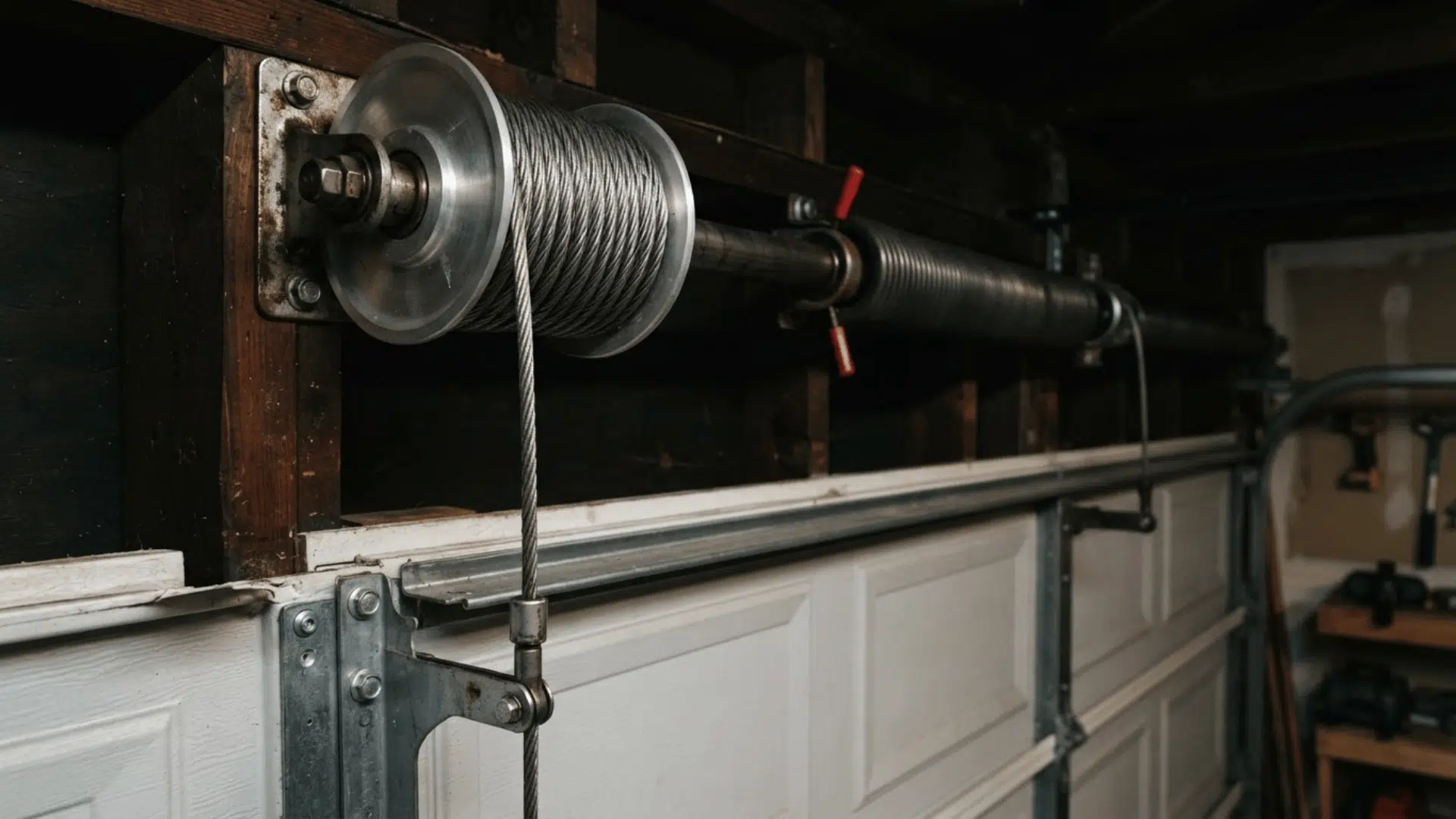 garage door cable wrapped on a metal drum beside the torsion spring and upper garage track