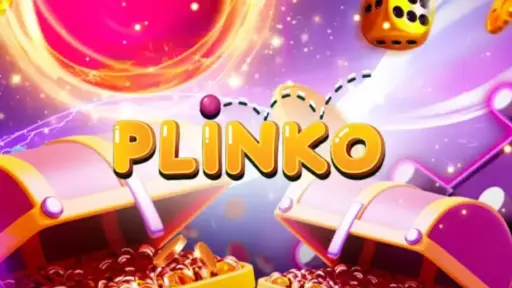 Colorful game scene with open treasure chests, bouncing dice, and glowing orb against vibrant background