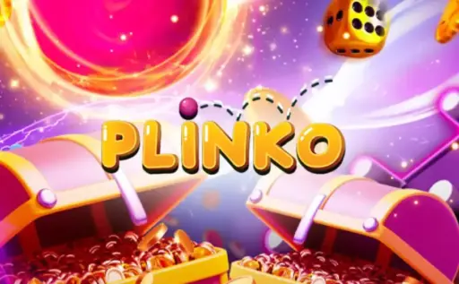 Colorful game scene with open treasure chests, bouncing dice, and glowing orb against vibrant background