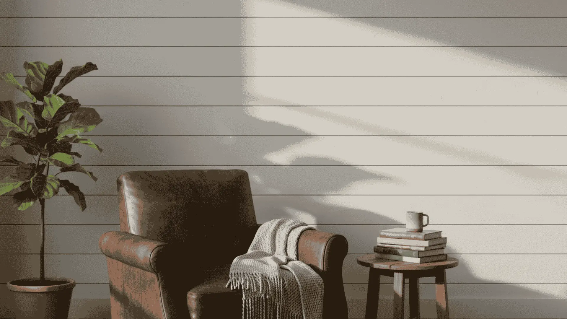 cozy chair with throw beside plant and books against a white shiplap wall in soft sunlight