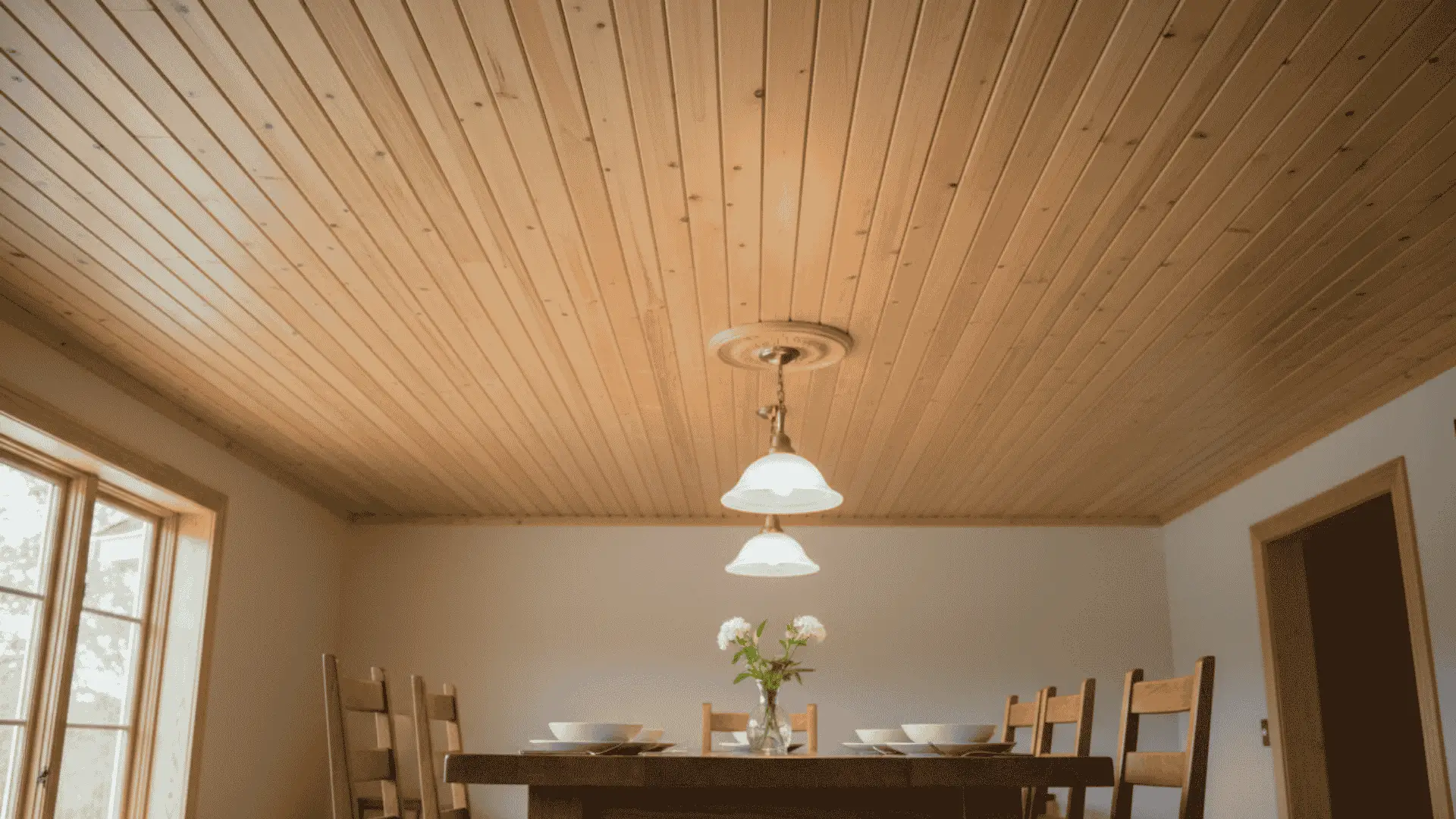 warm dining room with tongue and groove wood ceiling pendant lights table chairs and soft window light