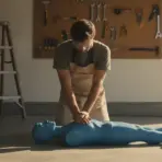 Man performing CPR on practice dummy in garage workshop with tools on wall