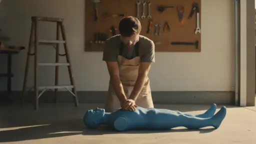 Man performing CPR on practice dummy in garage workshop with tools on wall