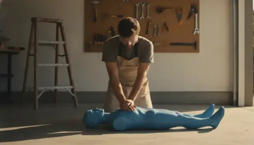 Man performing CPR on practice dummy in garage workshop with tools on wall