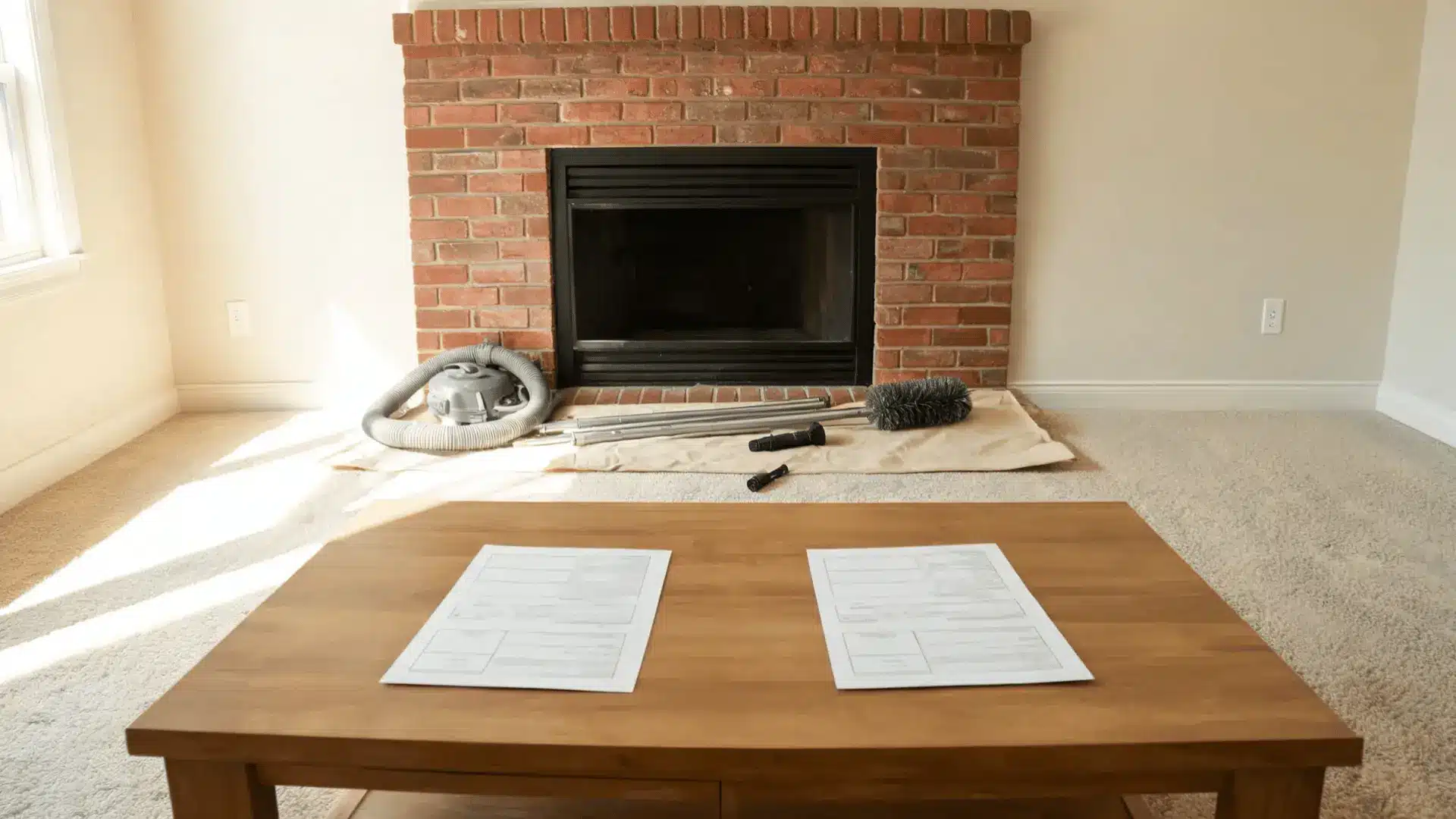 itemized chimney estimates beside a calculator and fireplace tools