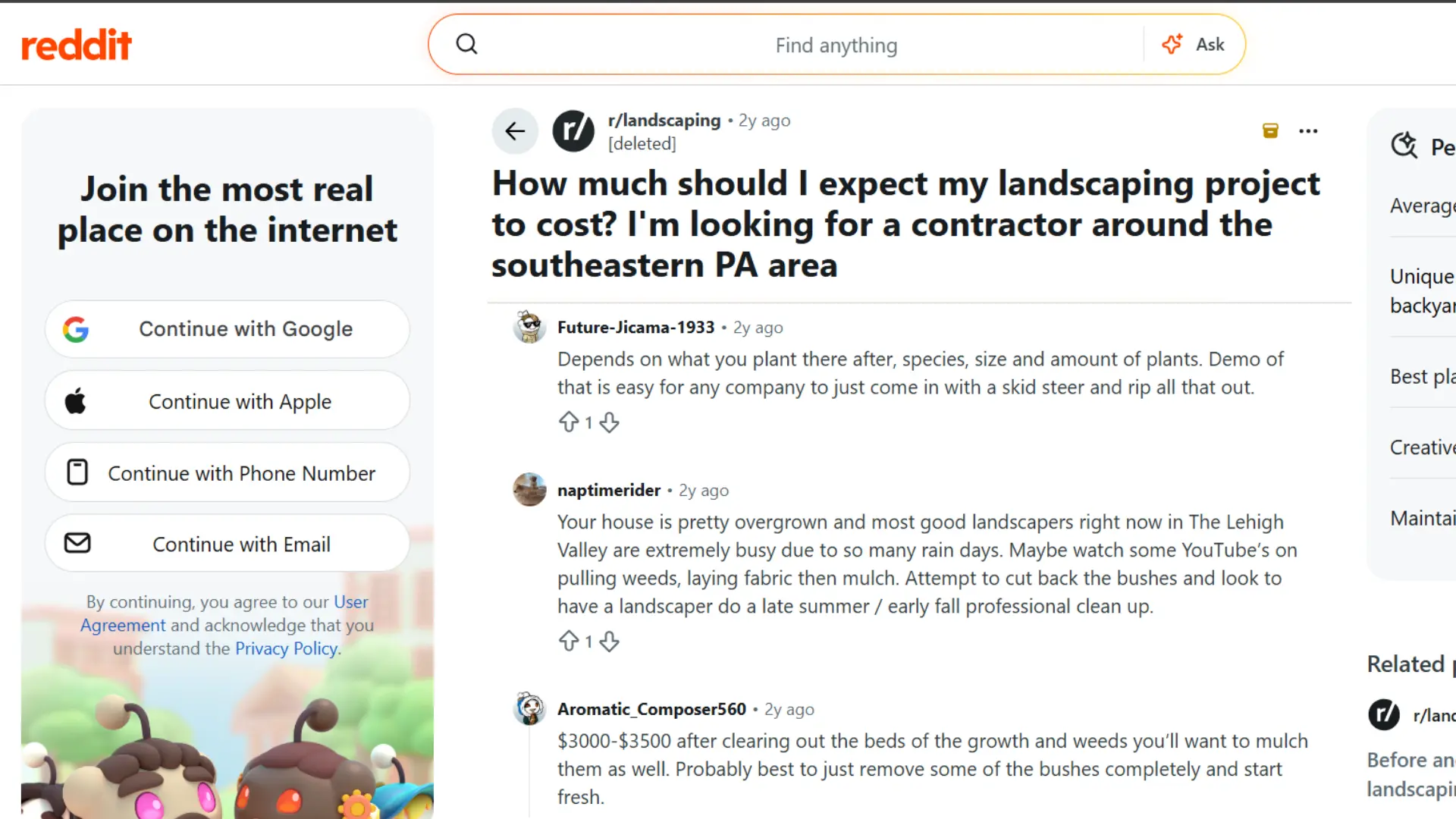 reddit post asking about landscaping project costs in the southeastern pa area