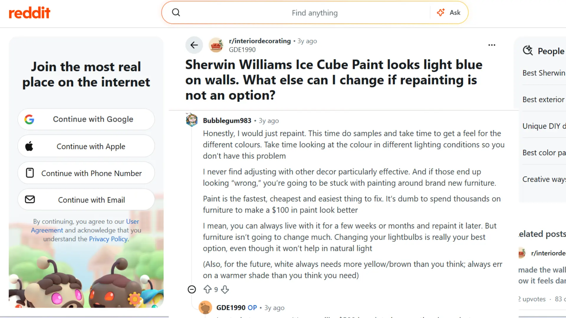 screenshot of a reddit post titled sherwin williams ice cube paint looks light blue on walls