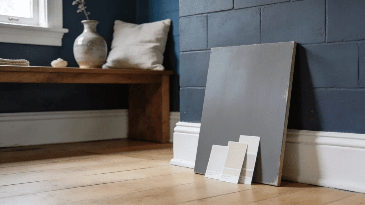 real home interior with a deep blue gray wall blank paint samples warm wood and soft daylight