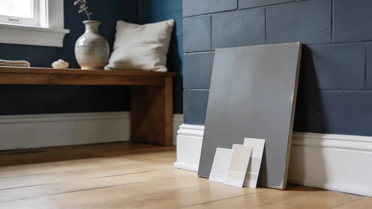 real home interior with a deep blue gray wall blank paint samples warm wood and soft daylight