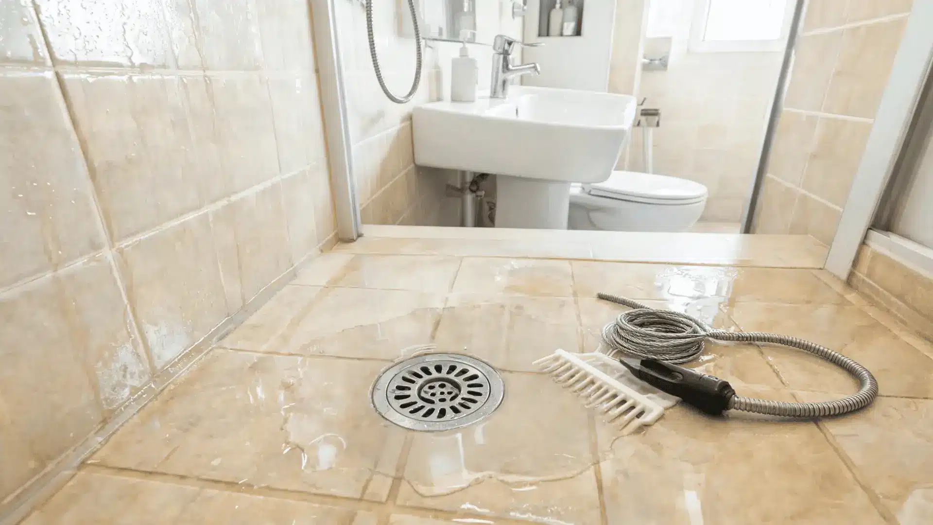 clean shower drain with water still pooling and drain tools placed nearby