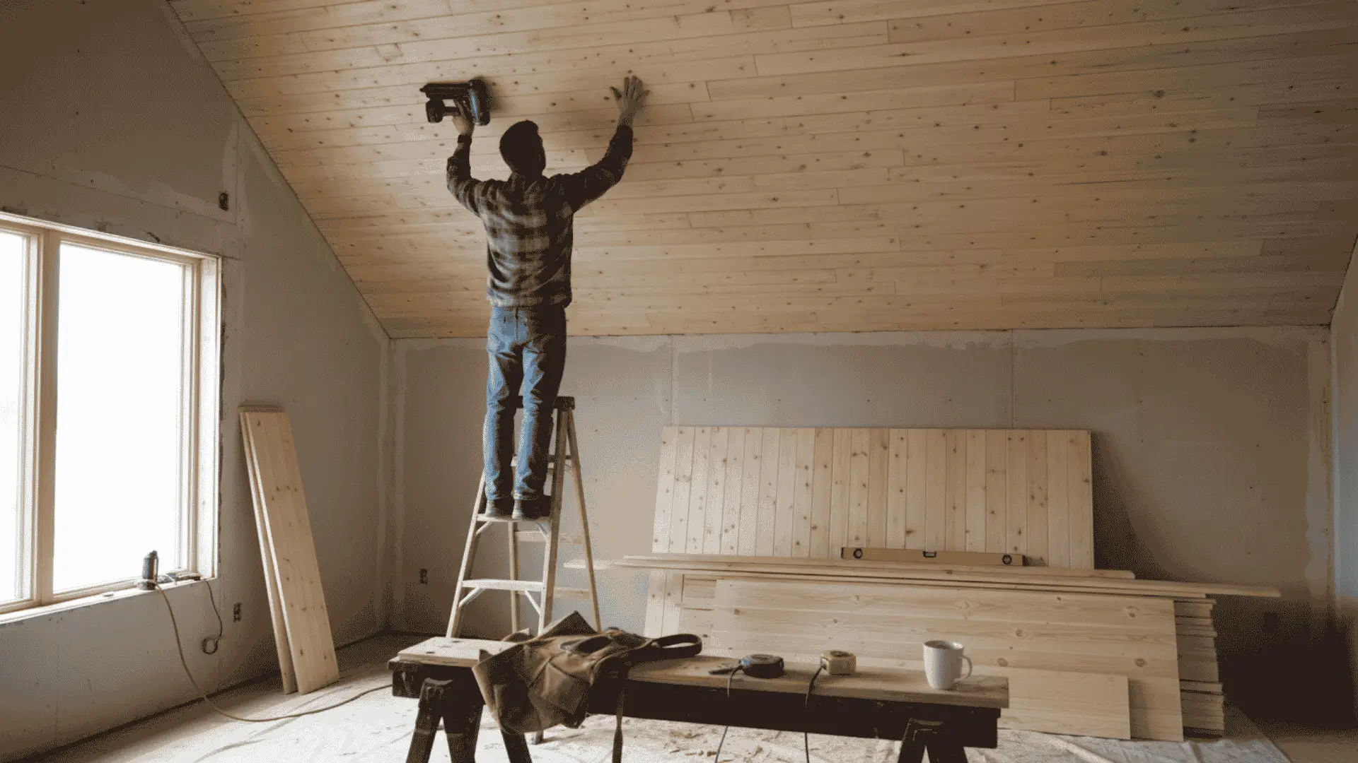 person installing tongue and groove wood ceiling panels on a ladder during home renovation
