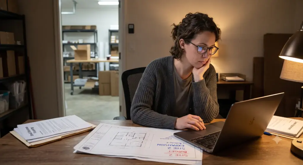 Young woman focused on laptop in dimly lit workspace with architectural plans on desk