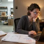 Young woman focused on laptop in dimly lit workspace with architectural plans on desk