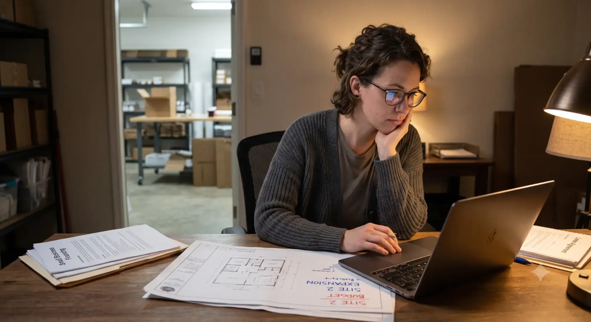 Young woman focused on laptop in dimly lit workspace with architectural plans on desk