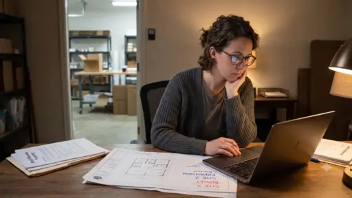 Young woman focused on laptop in dimly lit workspace with architectural plans on desk