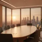Modern conference room with large wooden table and city skyline view at sunset