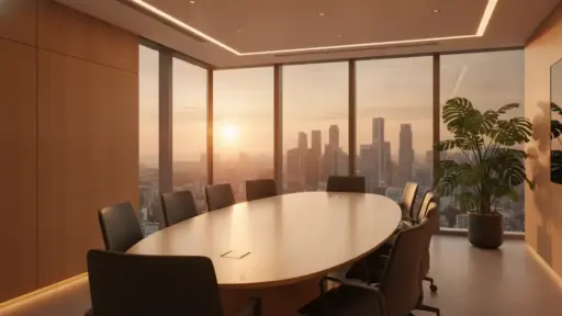 Modern conference room with large wooden table and city skyline view at sunset