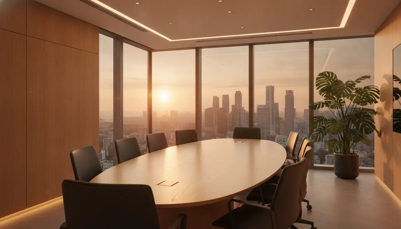 Modern conference room with large wooden table and city skyline view at sunset