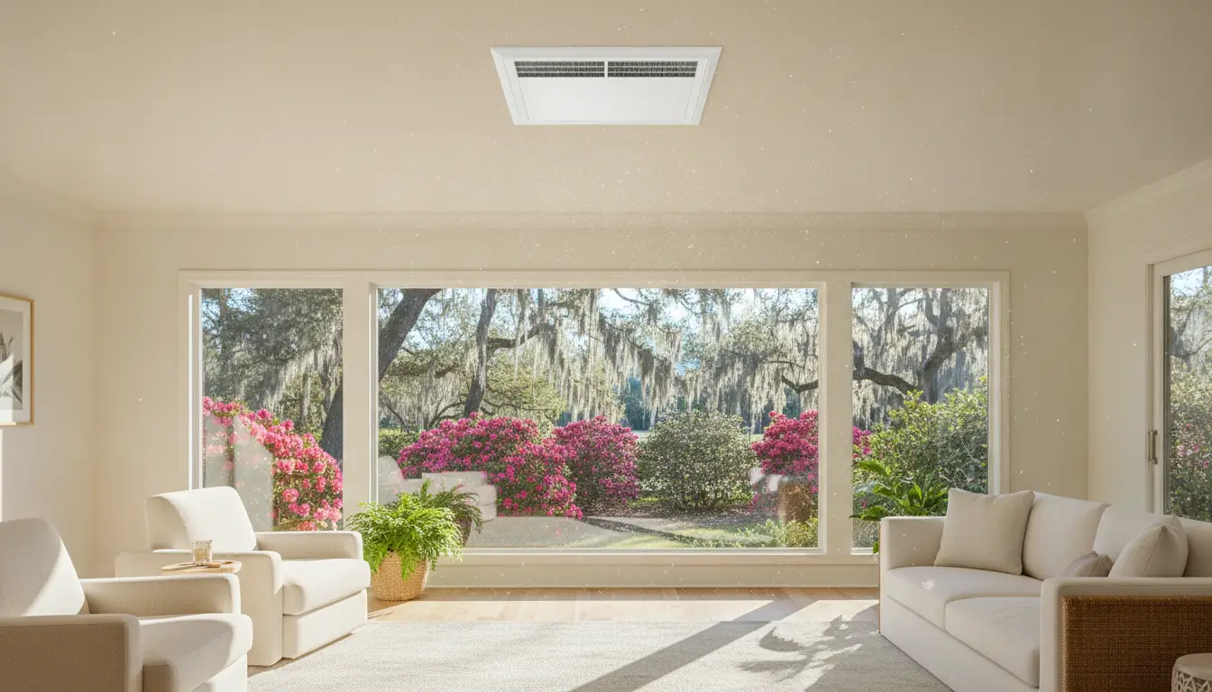 Bright living room with cream sofas and large window overlooking blooming garden and trees