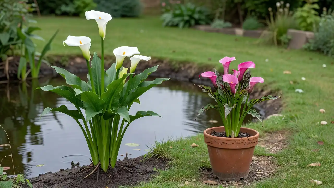 tall white calla lily beside a shorter pink calla lily with spotted leaves