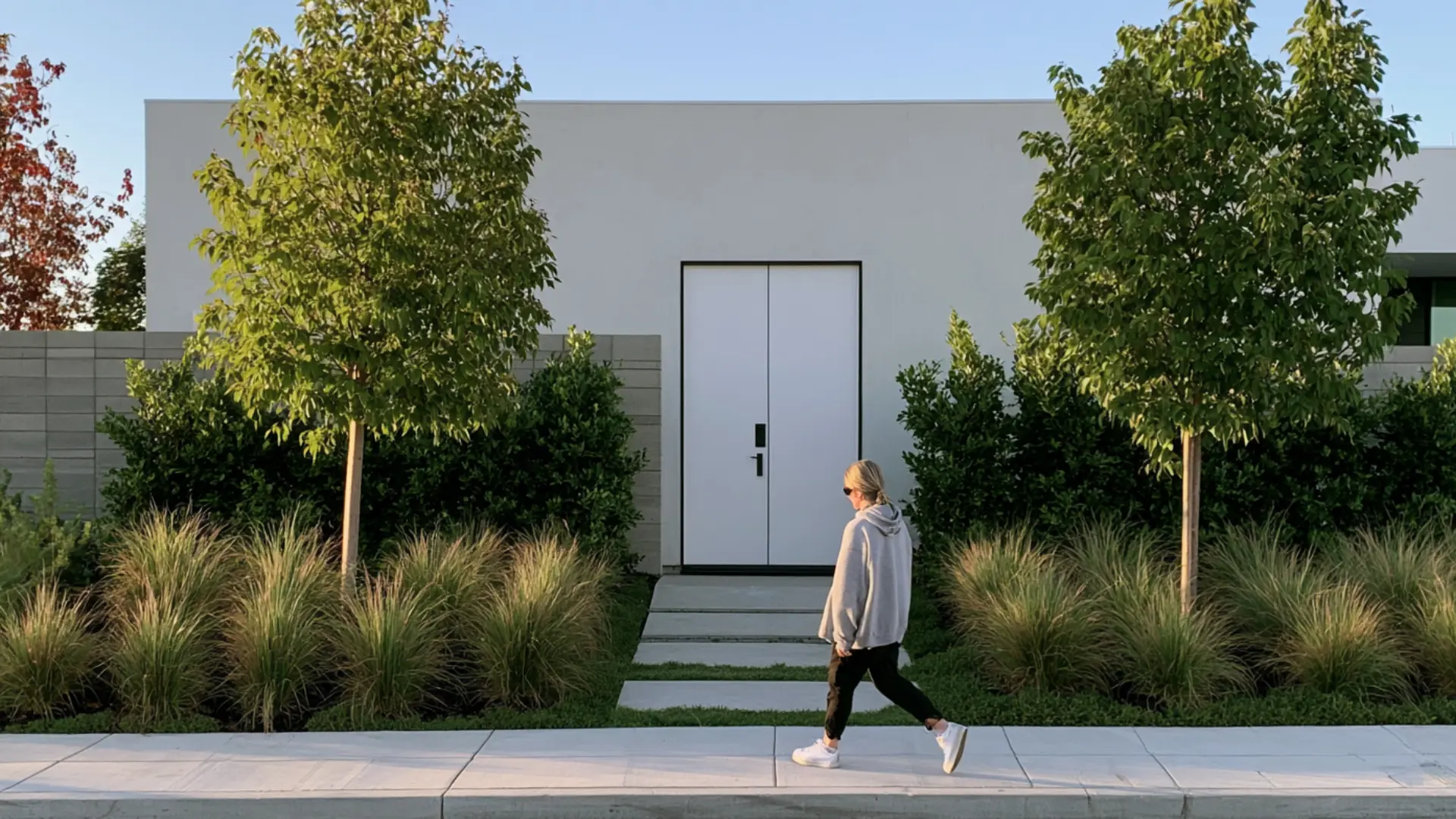 crisp white front door on modern minimalist home with clean architectural lines