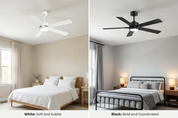 White ceiling fan in a beige bedroom compared with a black ceiling fan in a gray bedroom with dark accents