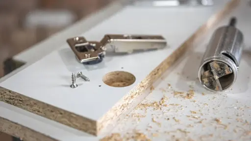 Woodworking tools and screws on particle board with sawdust in a workshop setting
