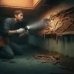Worker inspecting termite damage in dimly lit crawl space with flashlight and tool belt
